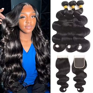 Body Wave 100% Human Hair Bundles With Closure Unprocessed Brazilian 3 Bundles with 4x4 Free Part Lace Closure For Women Remy