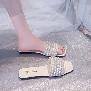 New Fashion Square Head Open Toe Design Women's Slippers Casual Flat Leather