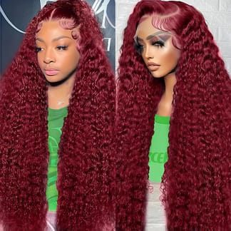 HD Transparent Lace 200 Density, 13x6 Full Frontal Lace 99j Burgundy Preplucked Colored Deep Wave Frontal Human Hair Wig