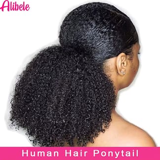 Alibele Mogolian Afro Kinky Curly Drawstring Ponytail Human Hair Extensions 4B 4C Remy Long Clip In Ponytail Extension