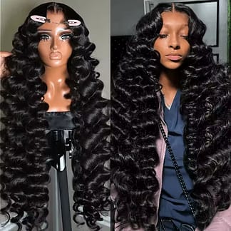 HD Transparent Lace Frontal wig, Lace Preplucked Natural Black Deep Wave Frontal Human Hair Wig