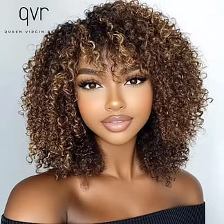 Indian Curly Human Hair Wigs Full Machine Made for Women Short Bob With Bangs Affordable Natural Black Hairline Styling Ready