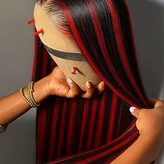 30 Inch Red Black Highlight Wig Human Hair Bone Straight Lace 1B/99J Gluless Pre Cut 5X5 Colored Wig