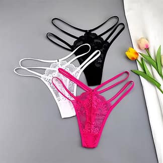 3 Pcs Lace Thin Strap Thong Women Low Waist Sexy Perspective Underwear Ladies Transparent G-string Panty Plus Size T-back