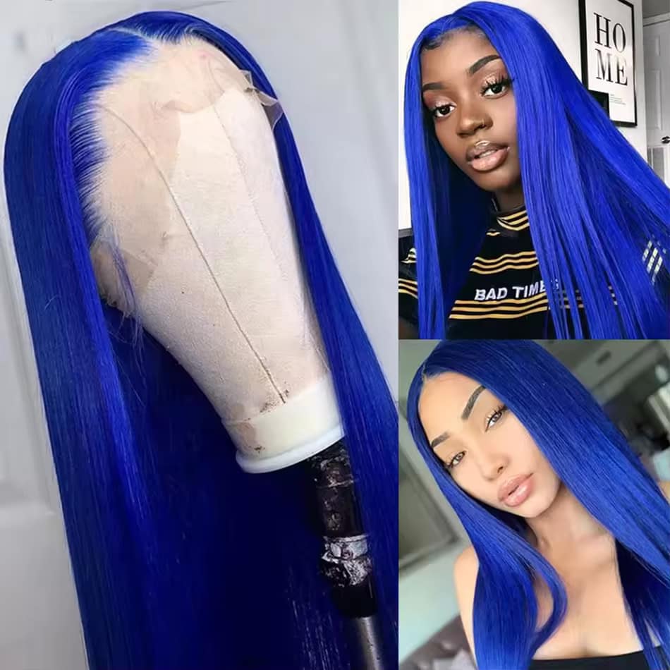 Navy Blue Color Hd Transparent Lace Frontal Wigs 100% Human Hair For Black Women Brazilian Straight Blue Colored Lace Front Wig/Color: