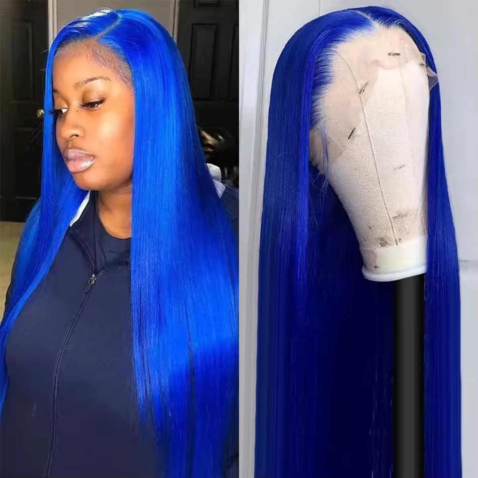 Navy Blue Color Hd Transparent Lace Frontal Wigs 100% Human Hair For Black Women Brazilian Straight Blue Colored Lace Front Wig/Color: - Image 2
