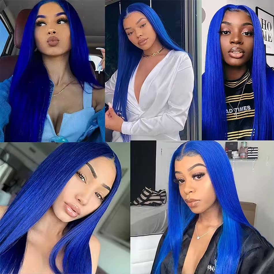Navy Blue Color Hd Transparent Lace Frontal Wigs 100% Human Hair For Black Women Brazilian Straight Blue Colored Lace Front Wig/Color: - Image 5