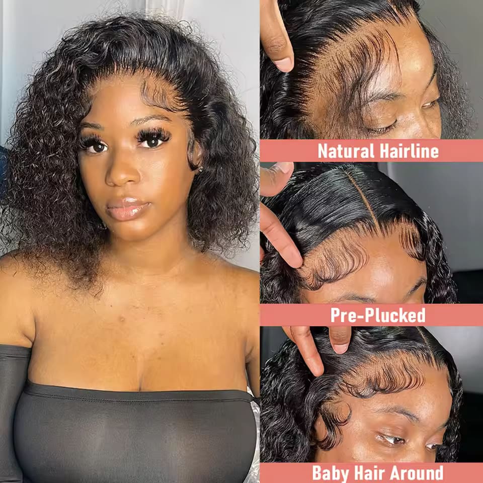 Brazilian Deep Water Wave Curly Bob,100% Human Hair Wigs Natural Black Deep Wave HD Lace Front - Image 2