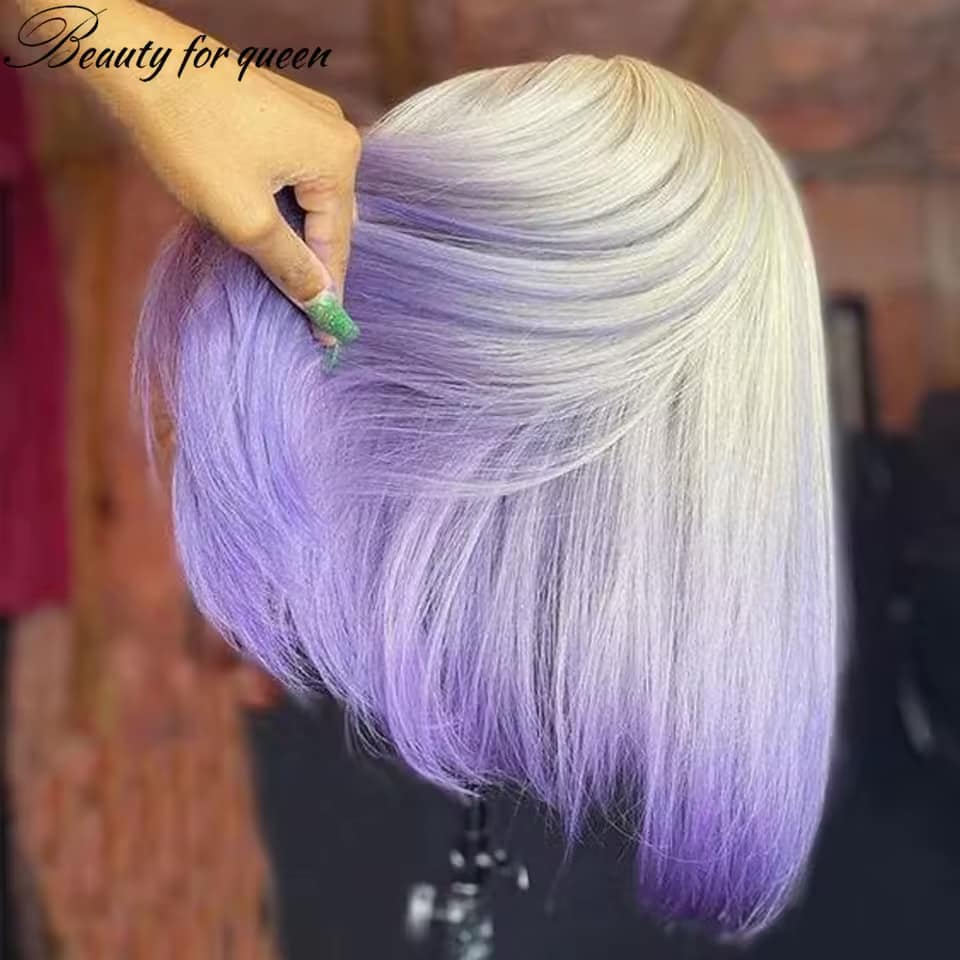 Purple Short Bob Wigs Lace Front Human Hair Wigs For Woman Ombre Blonde Colored Brazilian Straight Bob Wig Pre Plucked - Image 2