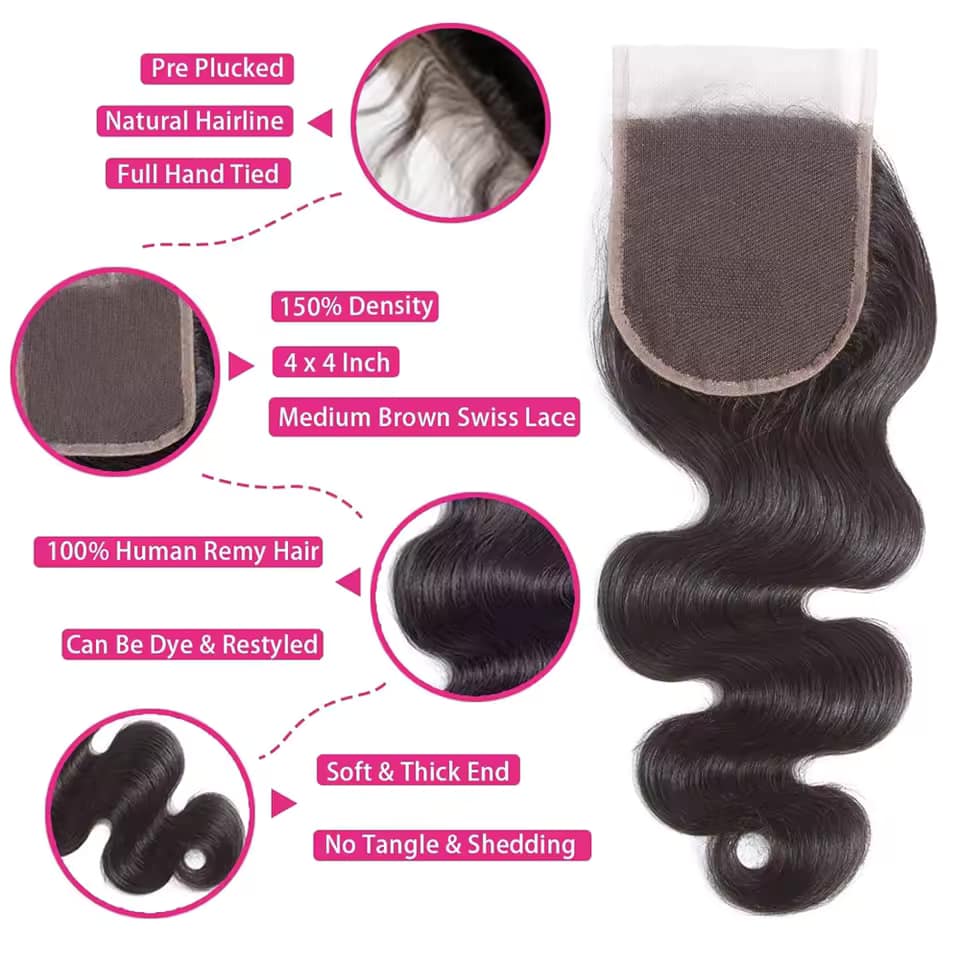 Body Wave 100% Human Hair Bundles With Closure Unprocessed Brazilian 3 Bundles with 4x4 Free Part Lace Closure For Women Remy - Image 3